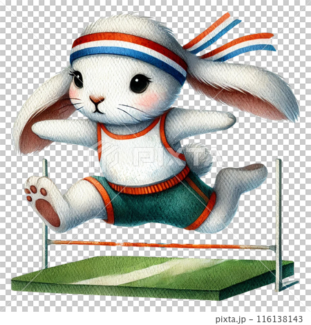 A cute cartoon bunny in a sports outfit jumps over a hurdle watercolor isolate transparent background. 116138143