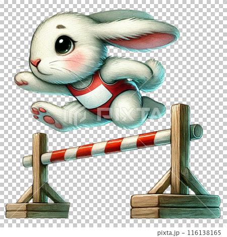 A cute white rabbit leaps over a hurdle in a cartoon style watercolor isolate transparent background. 116138165