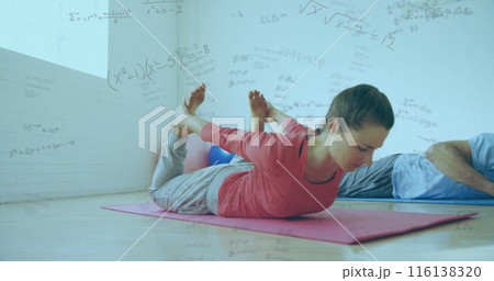 Image of mathematical equations floating over Caucasian couple exercising Image of mathematical equations floating over Caucasian couple exercising 116138320