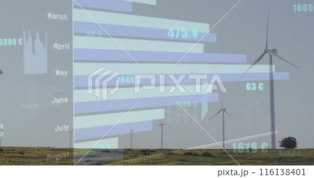 Image of data processing and diagrams over wind turbines on field 116138401