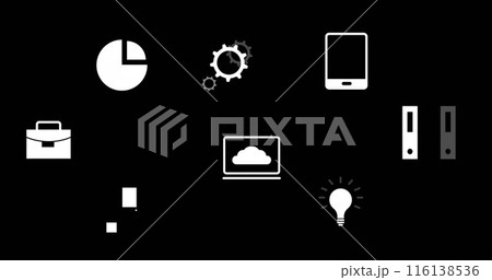 Image of floating digital icons on black background 116138536