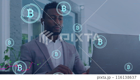 Image of data processing and bitcoin symbols over african amercian businessman using laptop 116138637