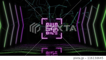 Image of qr code over neon shapes and network of connections on black background Image of qr code over neon shapes and network of connections on black background 116138645