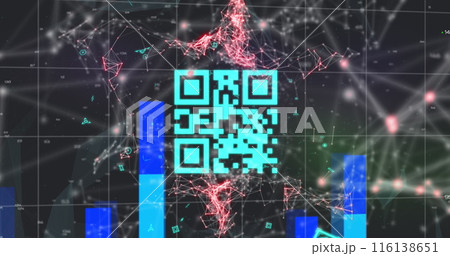 Image of qr code over network of connections on black background 116138651
