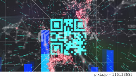 Image of qr code over network of connections on black background 116138653