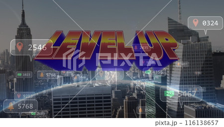 Image of level up and social media reactions over cityscape 116138657
