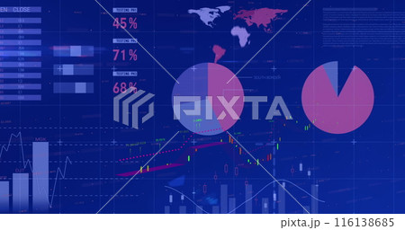 Image of financial and statistical data processing against blue background Image of financial and statistical data processing against blue background 116138685