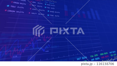 Image of financial data processing over blue background Image of financial data processing over blue background 116138706