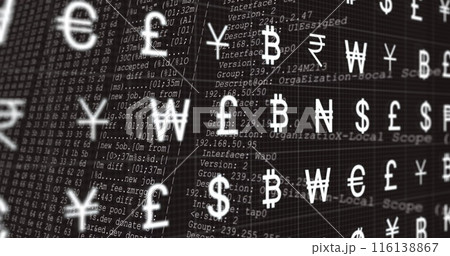 Image of currency symbols over data processing on black background Image of currency symbols over data processing on black background 116138867