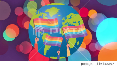 Image of rainbow flags on globe over rainbow spots Image of rainbow flags on globe over rainbow spots 116138897