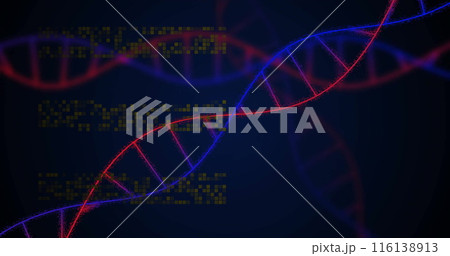Image of dna strands over moving columns on black background 116138913