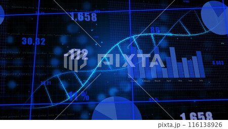 Image of dna strand over data processing on black background 116138926