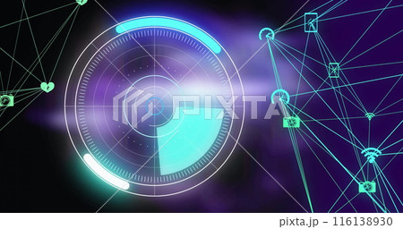 Image of network of connections with icons over scope scanning on black background Image of network of connections with icons over scope scanning on black background 116138930