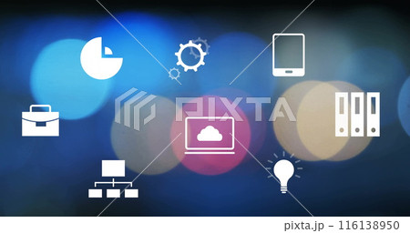 Image of business icons over bokeh on black background Image of business icons over bokeh on black background 116138950