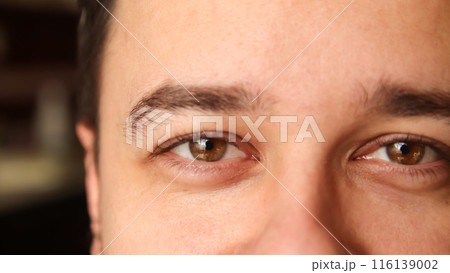 Brown-eyed brunette man, close-up perspective, suitable for banners. Man with brown eyes, close-up shot, brunette hair, banner concept 116139002