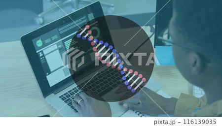 Image of dna strand over african american businessman in office Image of dna strand over african american businessman in office 116139035