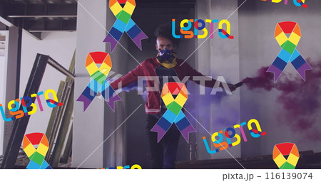 Image of lgbtq and rainbow ribbons over african american male protester with smoke 116139074