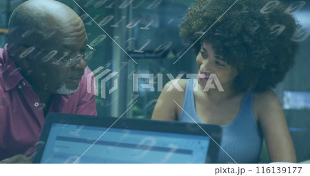 Image of diverse businesspeople in office and binary coding Image of diverse businesspeople in office and binary coding 116139177