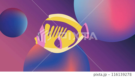 Image of tropical fish over blue and pink spheres on purple background 116139278