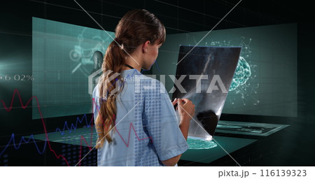 Image of biracial female doctor over data processing 116139323