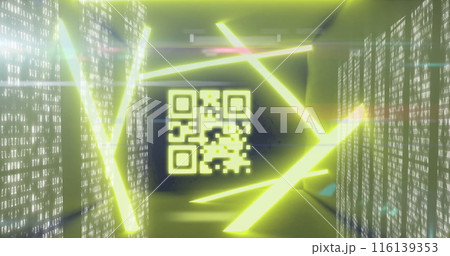 Image of qr code over neon shapes and moving columns on black background 116139353