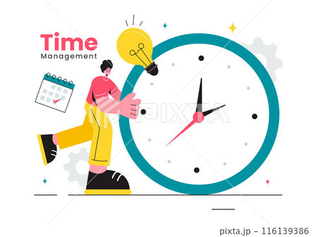 Vector Illustration of Time Management with Clock Controls and Task Planning, Training Activities, and Schedule in a Flat Cartoon Style Background 116139386