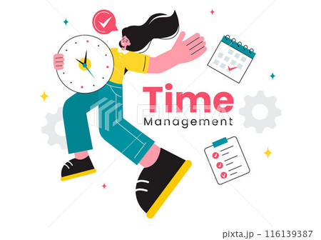 Vector Illustration of Time Management with Clock Controls and Task Planning, Training Activities, and Schedule in a Flat Cartoon Style Background 116139387