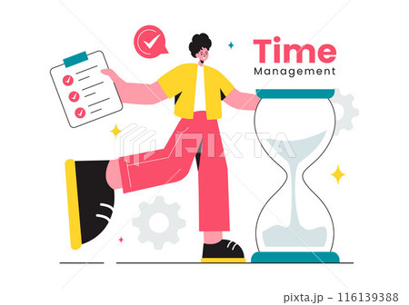 Vector Illustration of Time Management with Clock Controls and Task Planning, Training Activities, and Schedule in a Flat Cartoon Style Background 116139388