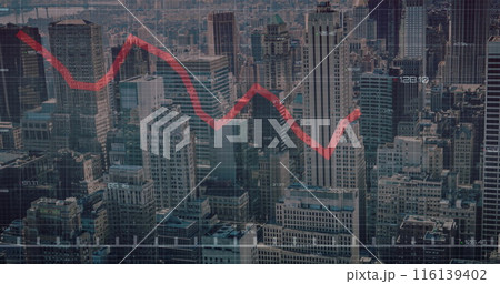 Image of red line, financial data processing over cityscape Image of red line, financial data processing over cityscape 116139402
