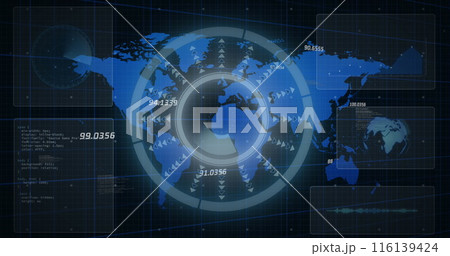 Image of scope scanning and data processing over globe in background 116139424