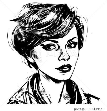 Woman portrait in hand drawing or engraving style. 60s styled beautiful comic book character, black and white 116139448