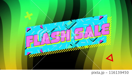 Image of flash sale text in rectangle over x symbol and triangle on abstract pattern 116139450