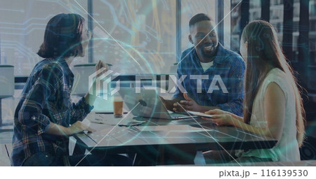Image of server room and padlock over diverse business people discussing work in office Image of server room and padlock over diverse business people discussing work in office 116139530