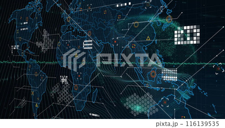 Image of data processing with world map and globe on black background 116139535