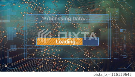 Image of text and data processing over screen and circuit board 116139643