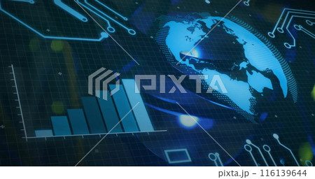 Image of globe and data processing over screen and circuit board 116139644