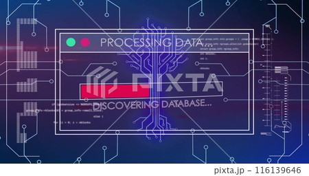 Image of text and data processing over screen and circuit board 116139646