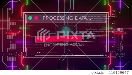 Image of text and data processing over screen and circuit board 116139647