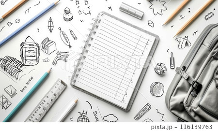 Monochrome School Supplies and Stationery Sketch on White Background. Doodle Hand drawing. Education 116139763