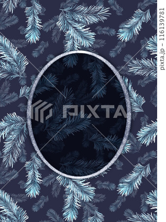 Hand drawn Christmas holiday greeting card or covers with fir tree branches. Blue and silver colors. 116139781