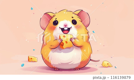 Cartoon hamster with cheerful expression, holding piece of cheese. Minimalist peach background 116139879