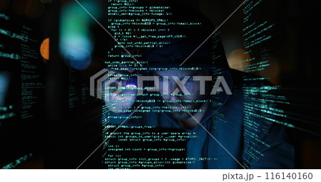 Image of digital interface with data processing over hacker in hood using torch on cityscape 116140160