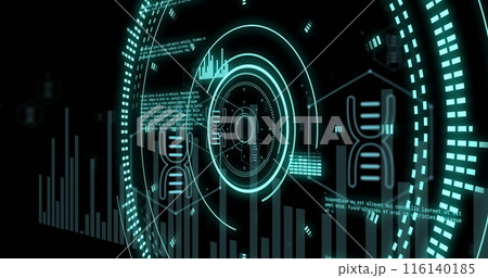 Image of scope scannig and data processing with dna strand on black background Image of scope scannig and data processing with dna strand on black background 116140185