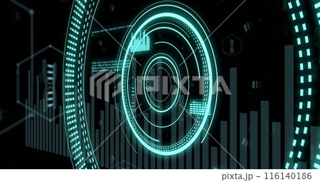 Image of scope scannig and data processing with dna strand on black background Image of scope scannig and data processing with dna strand on black background 116140186
