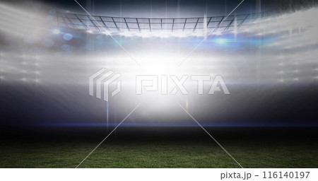 Image of social media icons and data processing over sports stadium 116140197