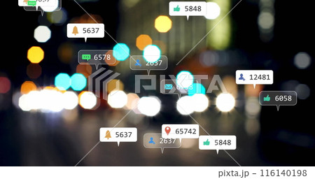 Image of social media icons and data processing over city lights 116140198