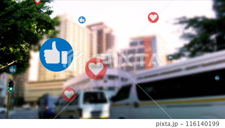 Image of social media icons and data processing over cityscape 116140199