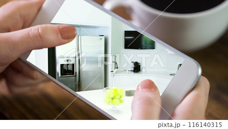 Image of person using smartphone with house kitchen interiors displayed on screen 116140315