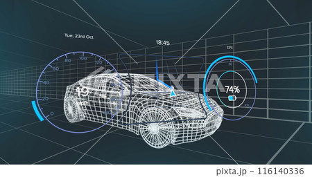 Image of changing number and icons in 3d model of car against black background 116140336
