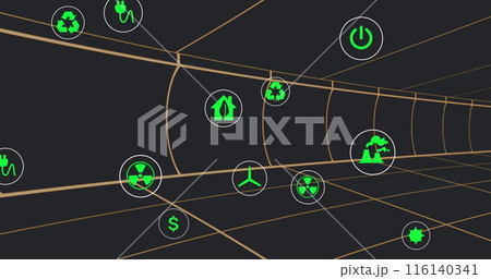 Image of sustainable icon in circles over lines forming grid pattern over black background 116140341